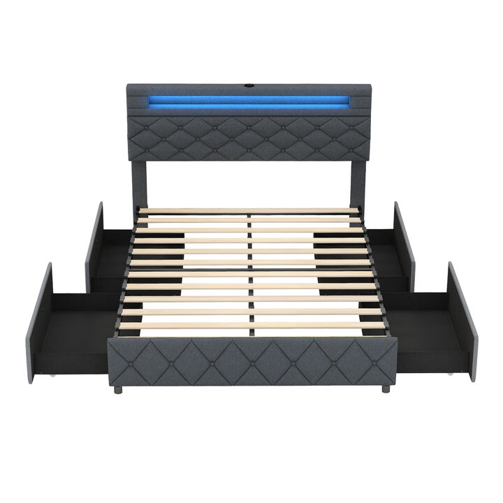 Bed Frame with Adjustable Storage Headboard and Wooden Slat Support for Organized and Comfortable Sleep