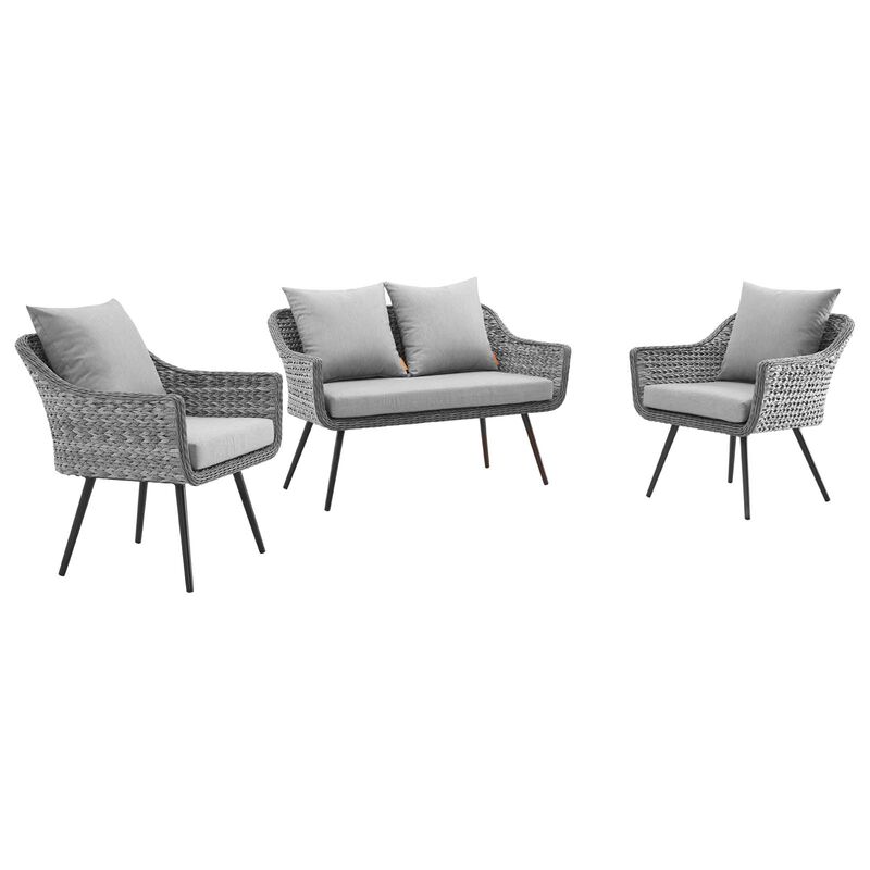 Modway - Endeavor 3 Piece Outdoor Patio Wicker Rattan Loveseat and Armchair Set Gray