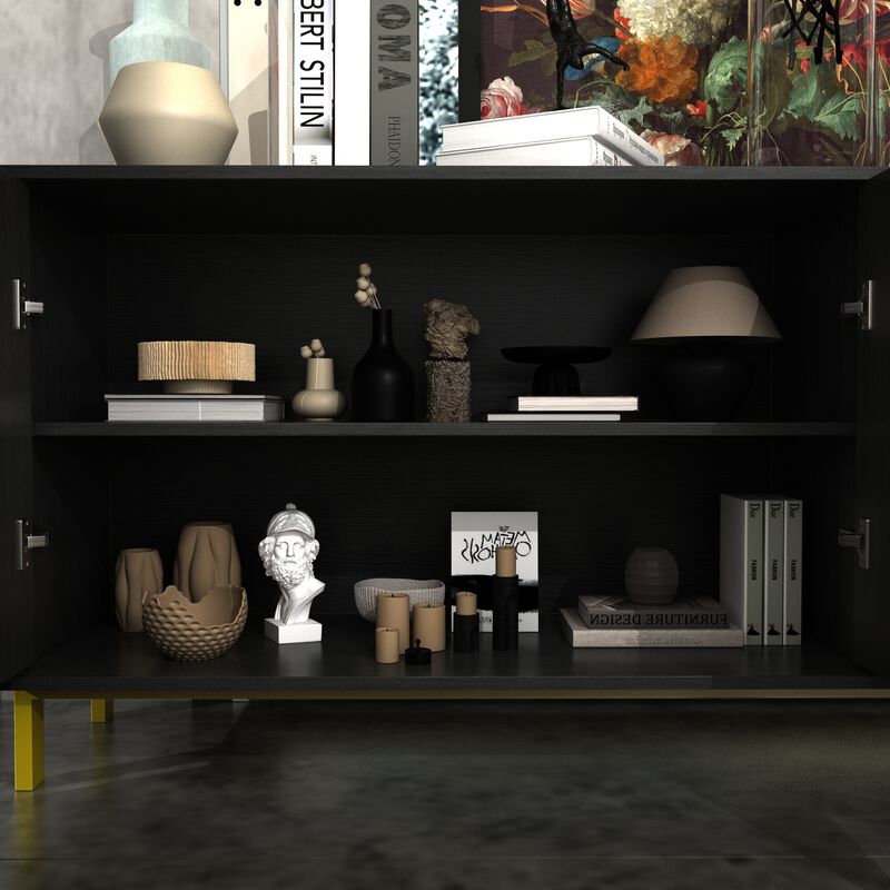 Sideboard Buffet Cabinet with 3 Drawers & 2 Doors for Kitchen, Entryway Cupboard with Gold Metal Legs, Black (62.9" L x 15.7" W x 27.5" H)