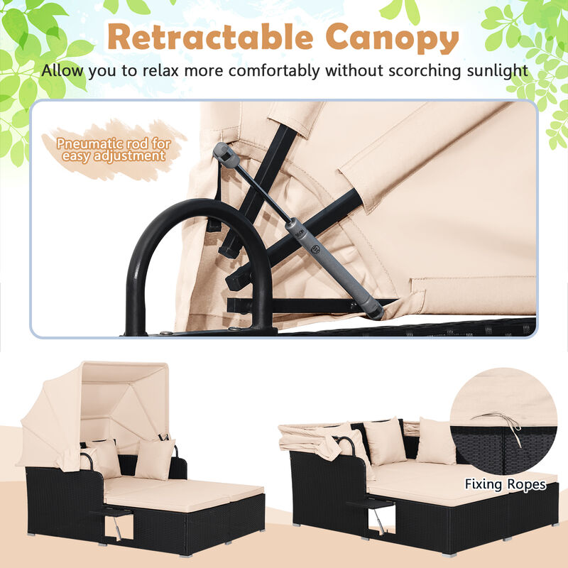 Patio Rattan Daybed with Retractable Canopy and Side Tables