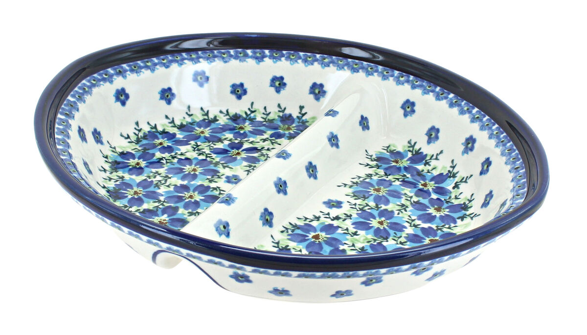 Blue Rose Polish Pottery Flowering Peacock Large Divided Dish
