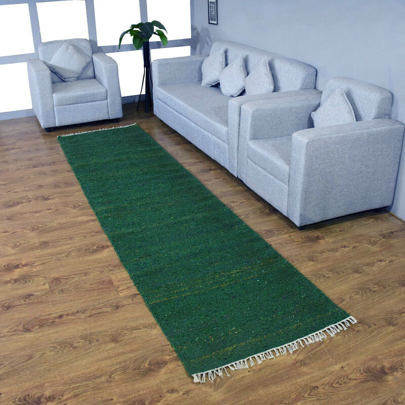 RUGSOTIC CARPETS HAND WOVEN FLAT WEAVE KILIM COTTON & POLYESTER ECO-FRIENDLY AREA RUGS  - 2'6"x8', Runner Shape, Dark Green Color, Solid Plain Design, Low Pile  Handmade Area Rugs (DCP111)