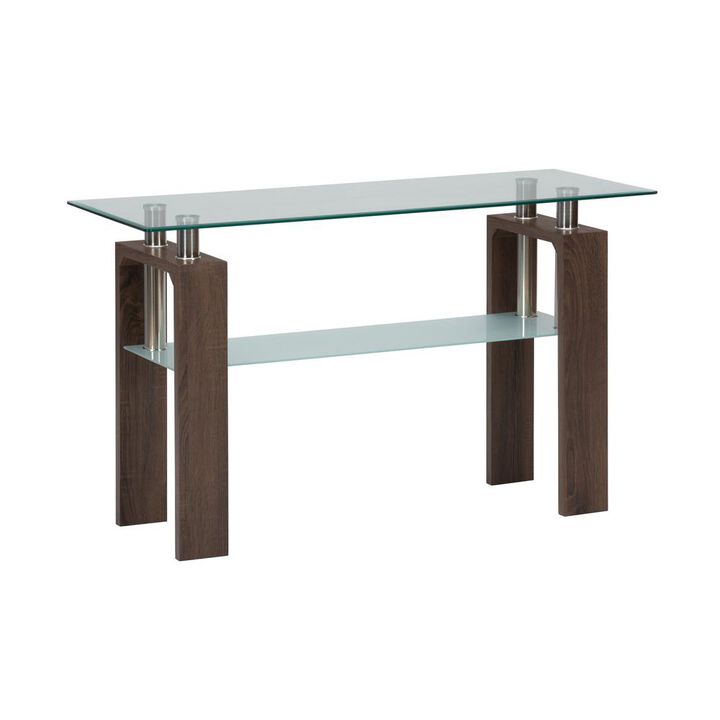 Jofran Compass Clear Modern Glass Sofa Table, Brown Wood and Glass