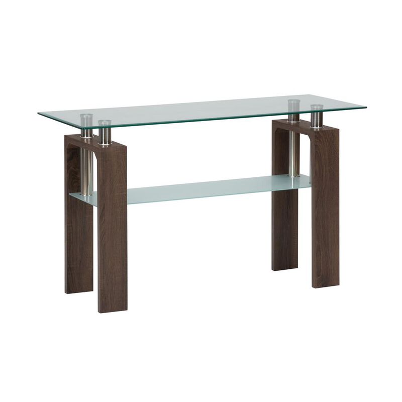 Jofran Compass Clear Modern Glass Sofa Table, Brown Wood and Glass