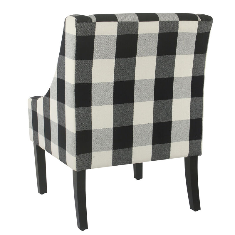 Fabric Upholstered Wooden Accent Chair with Buffalo Plaid Pattern, Black and White - Benzara