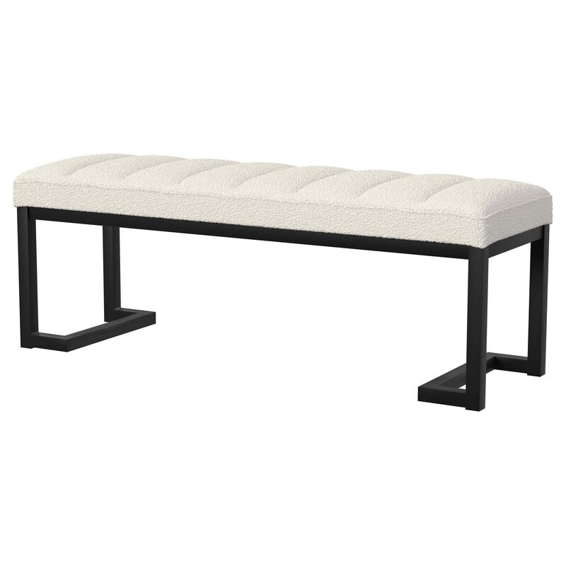 Mezza Accent Bench, Tufted Ivory Boucle Fabric, Black Metal, 48 Inch - Benzara