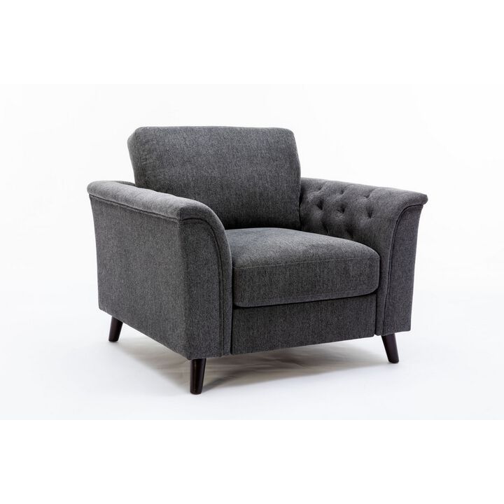 Sen 37 Inch Accent Sofa Chair, Tufted Arms, Padded, Gray Linen, Solid Wood - Benzara