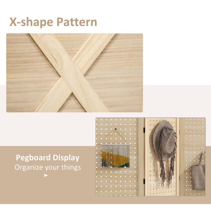 4 Panel Pegboard Display Room Divider, 4.7' Tall Wood Privacy Screen, Natural
