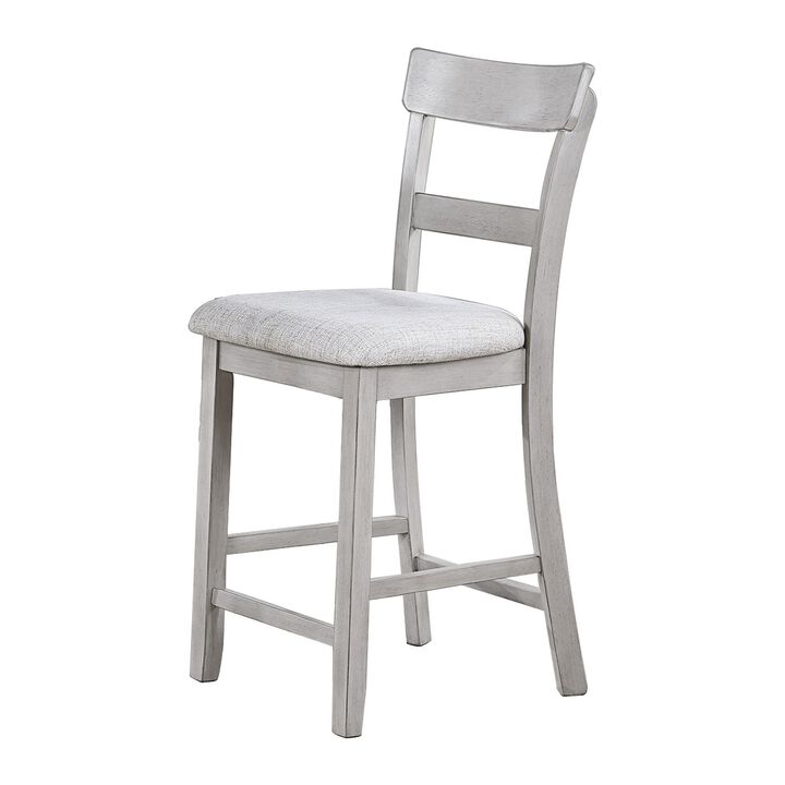 Cher 5 Piece Set Counter Height Dining Table, 4 Chairs, Gray Fabric, Wood - Benzara