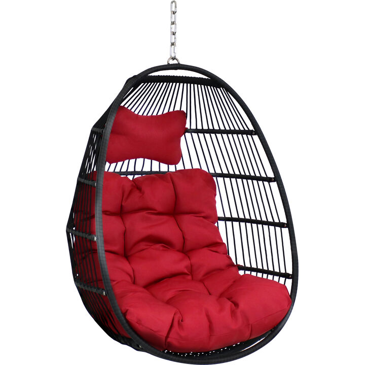 Sunnydaze Black Polyethylene Wicker Hanging Egg Chair with Cushions