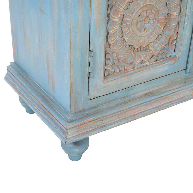 Jofran 71" Solid Wood Boho Distressed Sideboard Cabinet with Artisan Carved Doors