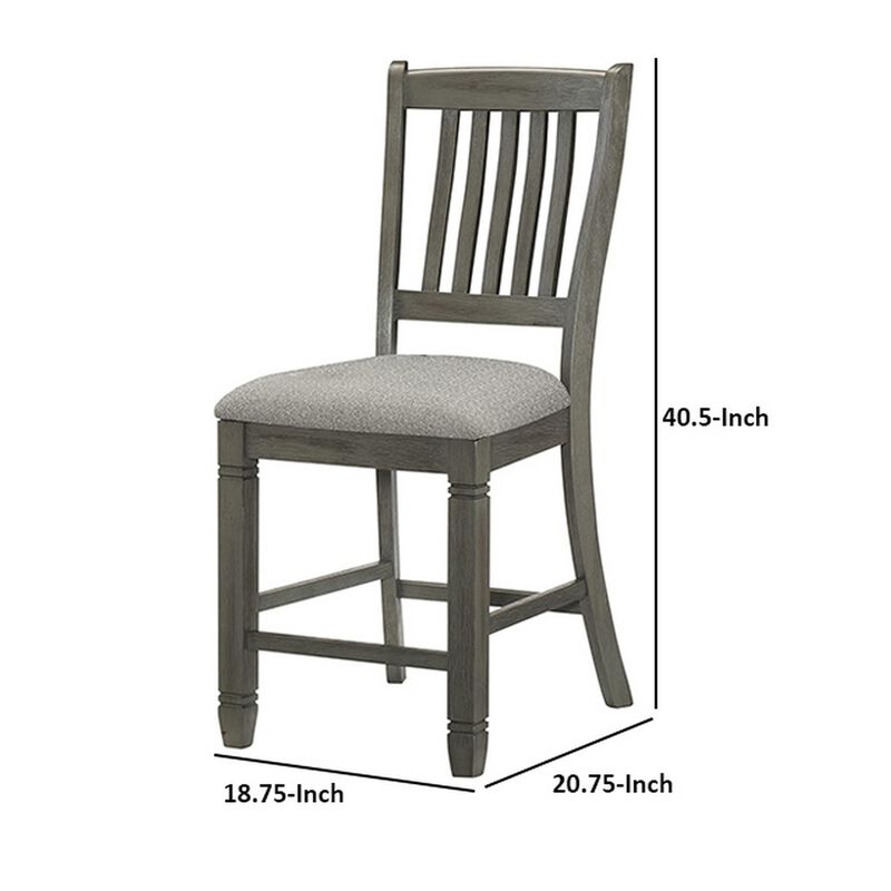 26 Inch Counter Height Chair Set of 2, Slat Back, Gray Wood, Fabric Seat - Benzara
