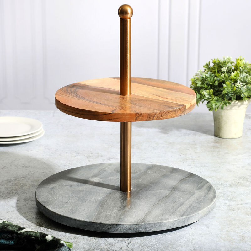Laurie Gates California Designs Grey Marble and Acacia Wood 2 Tier Server