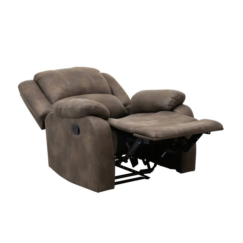 Chris 38 Inch Manual Recliner Chair, Cushions, Solid Wood, Brown Microfiber - Benzara