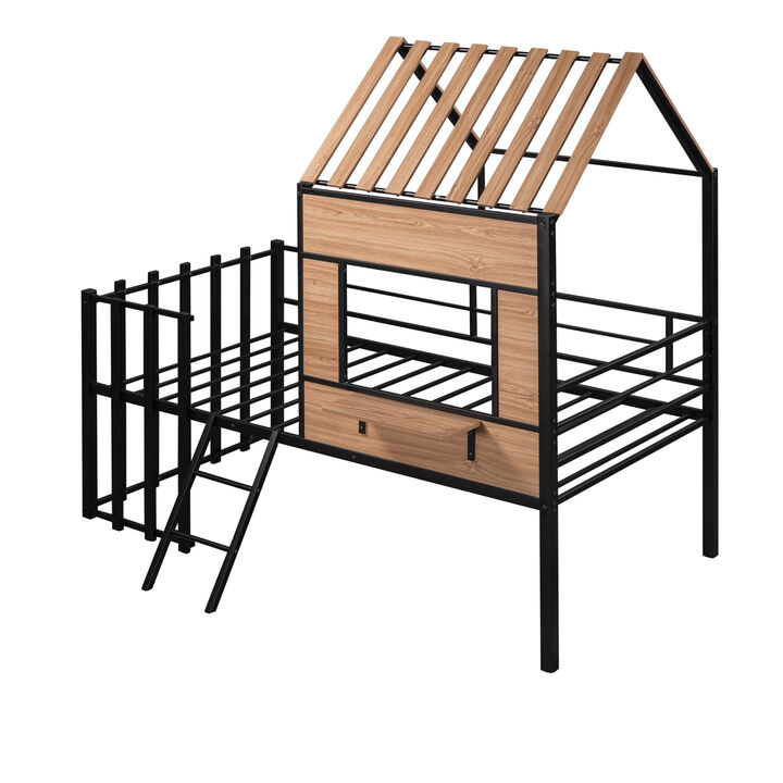 Metal Twin Size Loft Bed With Roof, Window, Guardrail, Ladder