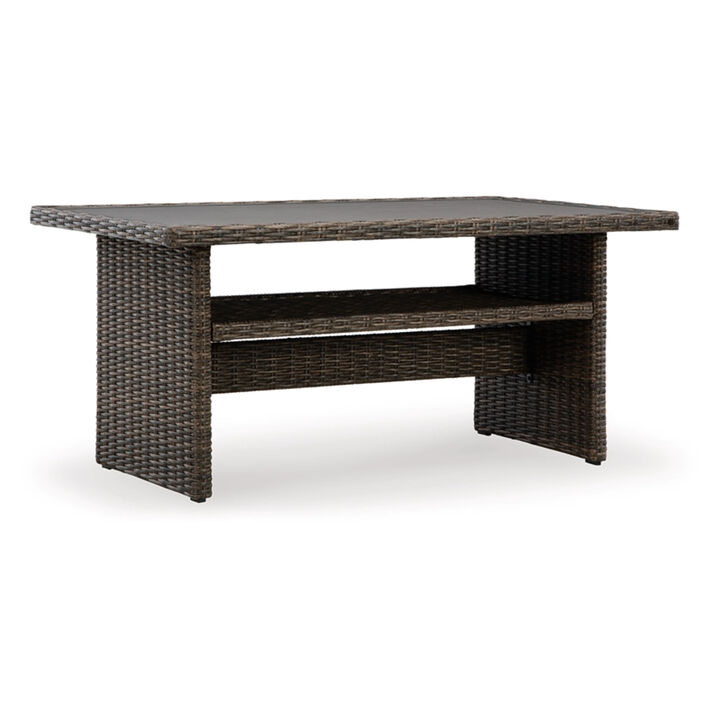 Soha 59 Inch Outdoor Multi Use Dining Table, Resin Wicker with Shelf, Brown - Benzara