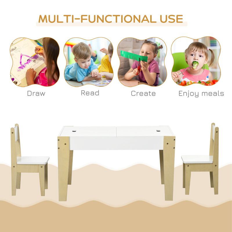 White Kids' Activity Center: 3-Piece Table & Chair Set with Storage