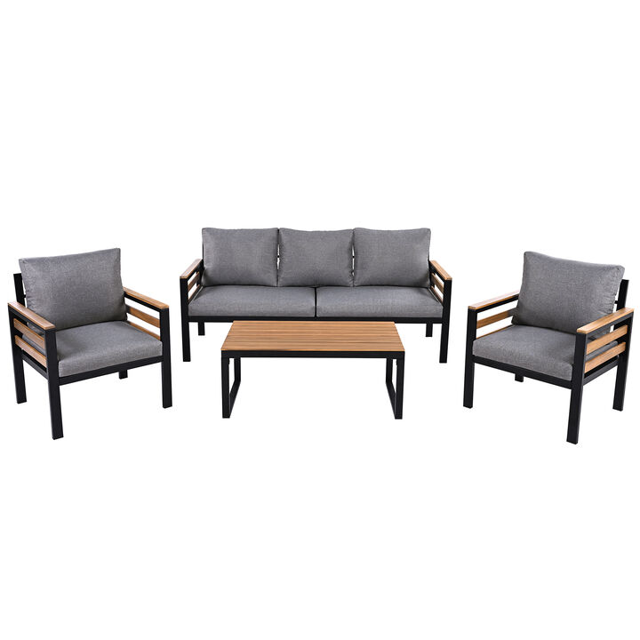 Whisen 4-Piece Outdoor Furniture Sofa Set, Patio Conversation Set with Removable Cushion and Solid Wood Coffee Table