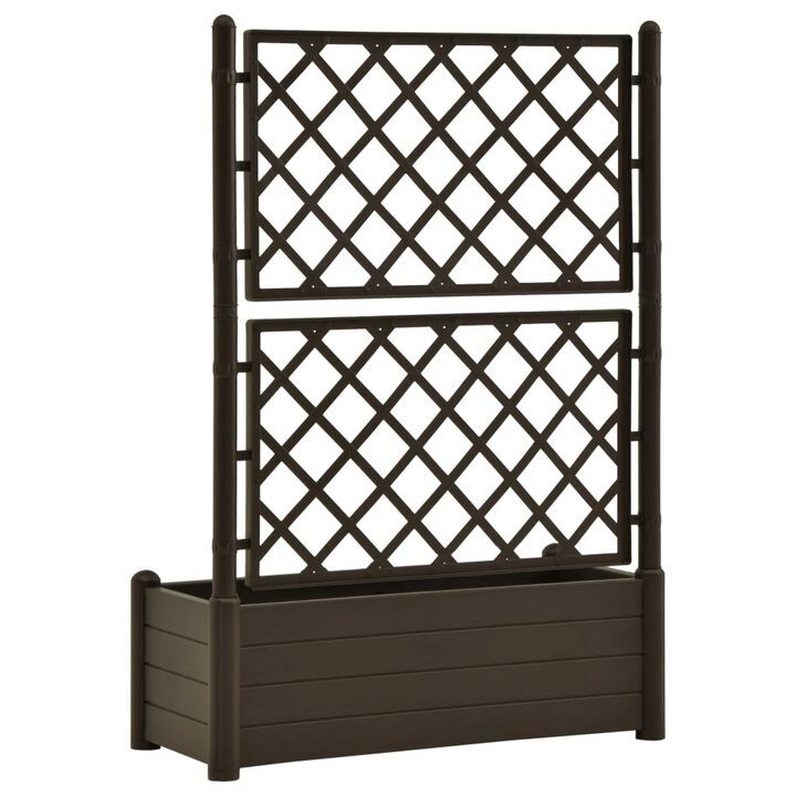 Garden Planter Flower Box with Trellis, Mocha Brown Plastic, Drainer - Benzara