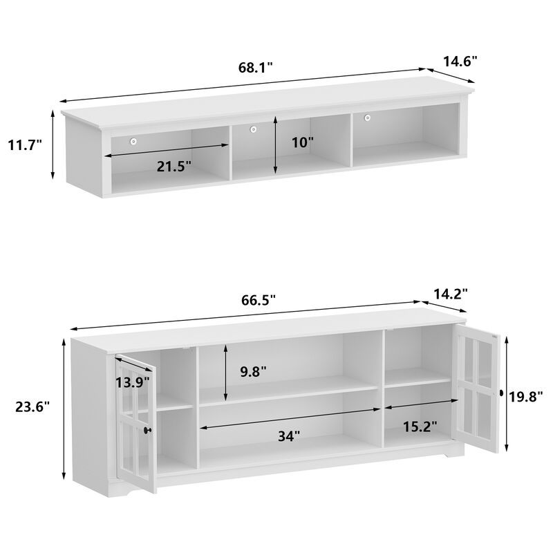 White Wooden TV Stand Fits TV's up to 75 in. with Open Shelves and Tempered Glass Door Cabinet