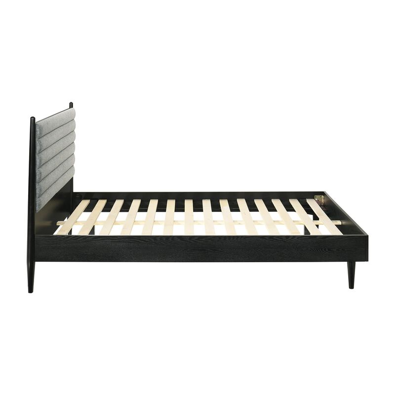 Benjara Mian Queen Platform Bed Frame, Channel Tufted, Black, Gray Upholstery