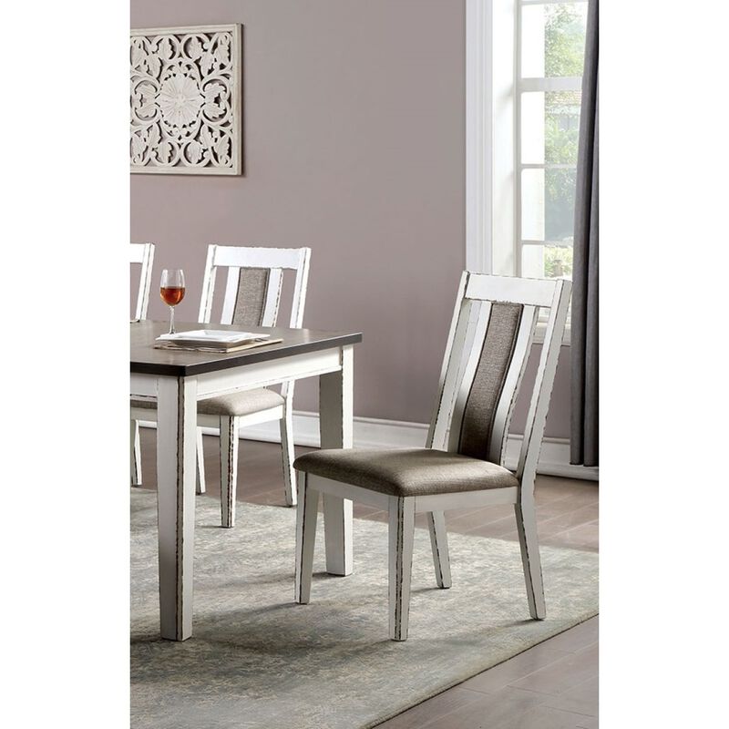 Weathered White Side Chairs Set, Fabric Upholstered