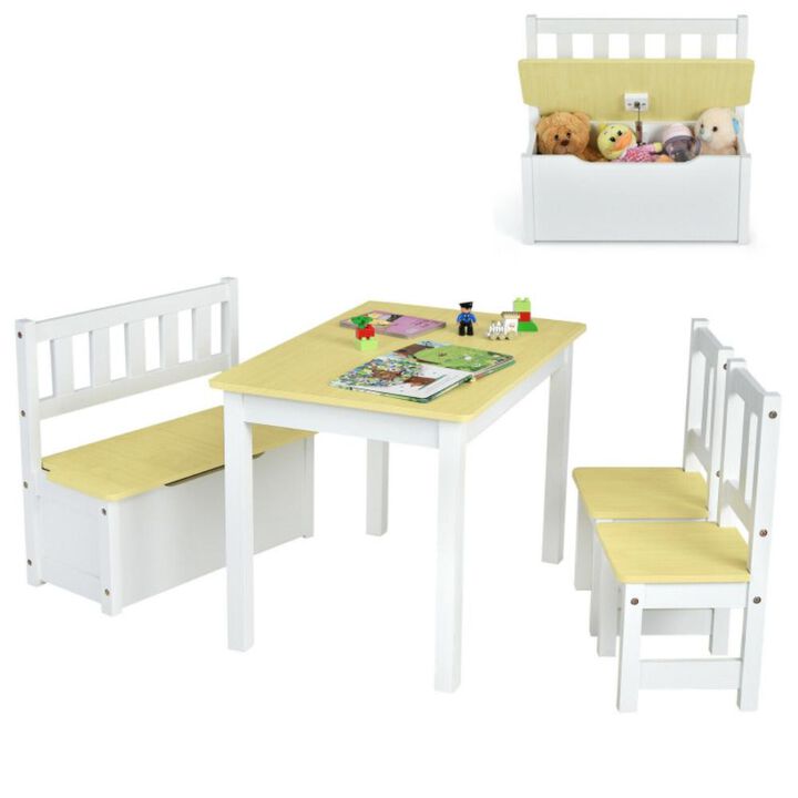 Hivvago 4 Pieces Kids Wooden Activity Table and Chairs Set with Storage Bench and Study Desk