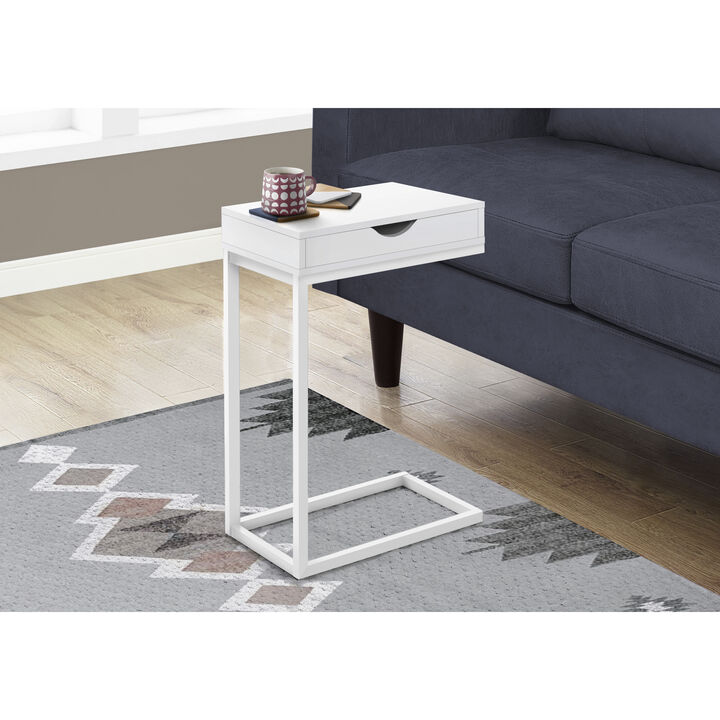 Monarch Specialties I 3601 Accent Table, C-shaped, End, Side, Snack, Storage Drawer, Living Room, Bedroom, Metal, Laminate, White, Contemporary, Modern