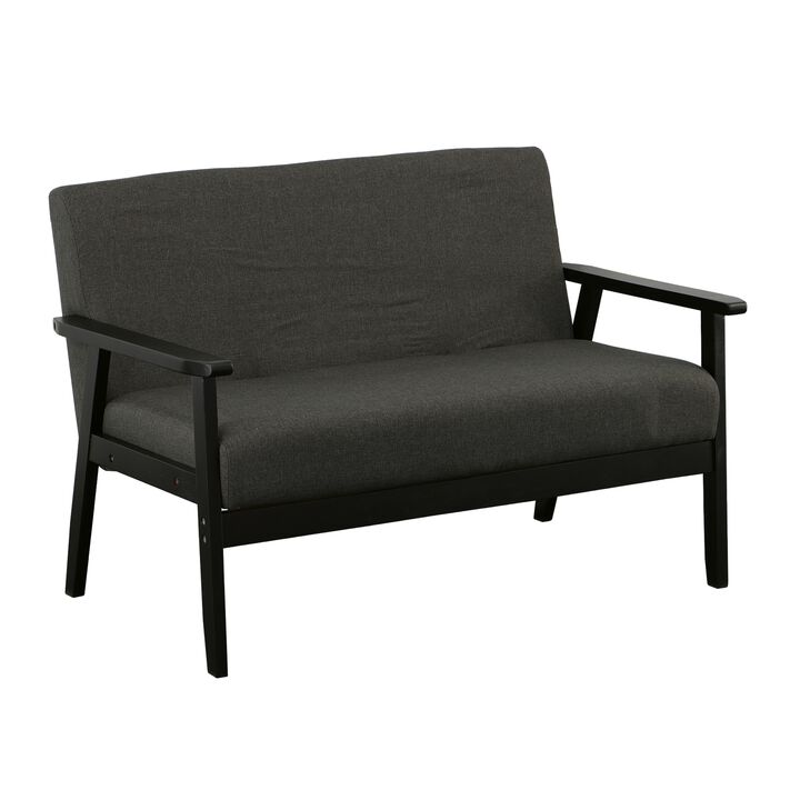 Gala 45 Inch Modern Loveseat Bench, Dark Gray Fabric, Jet Black Wood Frame-Benzara