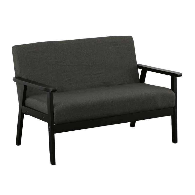 Gala 45 Inch Modern Loveseat Bench, Dark Gray Fabric, Jet Black Wood Frame-Benzara