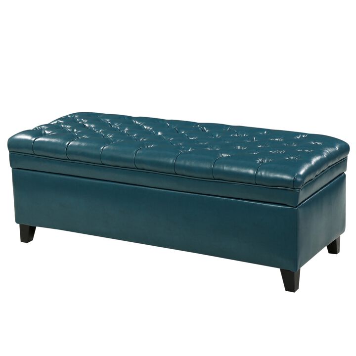 Rhya Storage Ottoman Bench, Teal Blue Faux Leather, Brown Wood 50 Inch -Benzara
