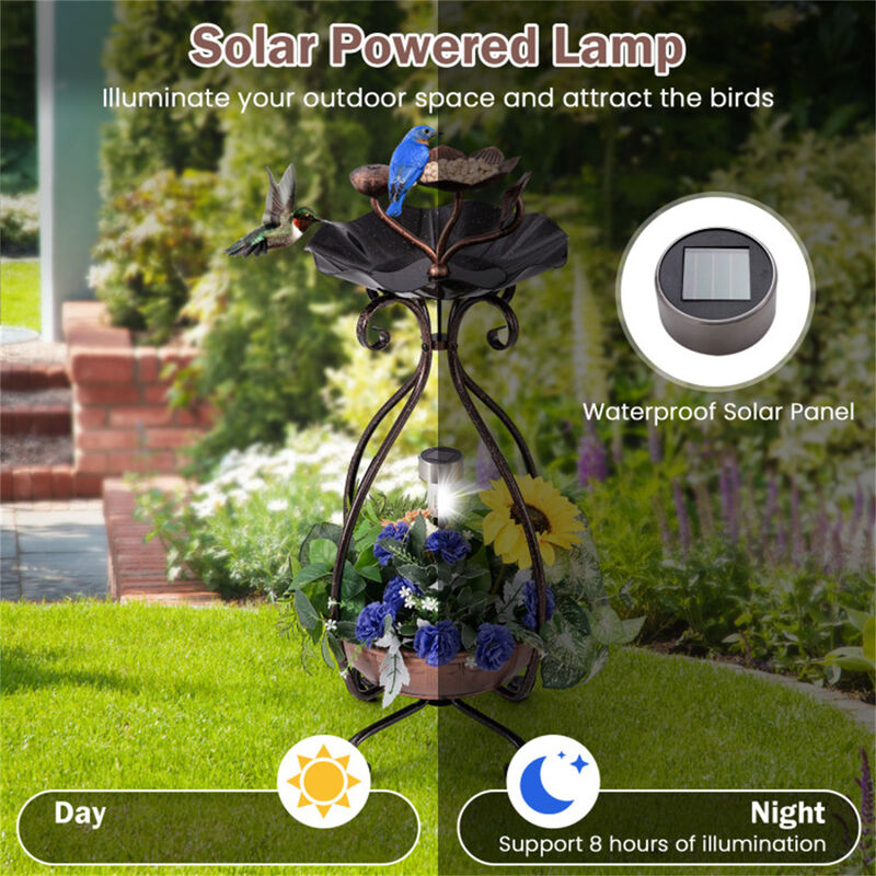 Copper Solar Bird Bath & Feeder with Planter Pedestal and LED Light