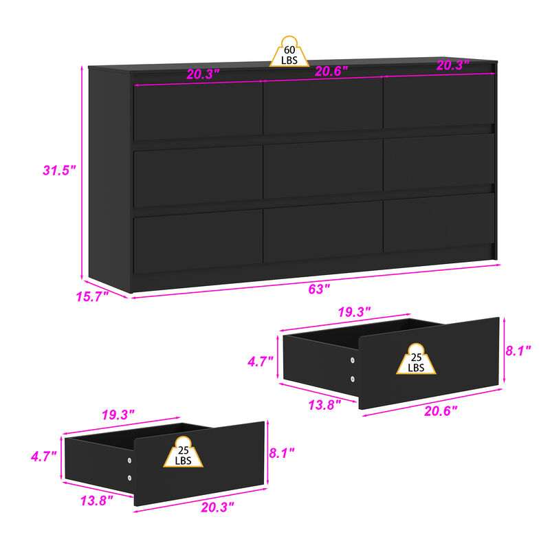 FUFU&GAGA  Modern Black 9-Drawer Dresser with Ample Storage for Bedroom and Living Room (63" W x 31.5" H x 15.7" D) Black