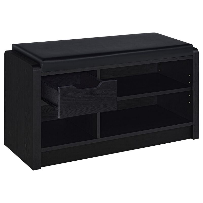 Aryn Storage Bench with Adjustable Shelf, Black Faux Leather, Black - Benzara