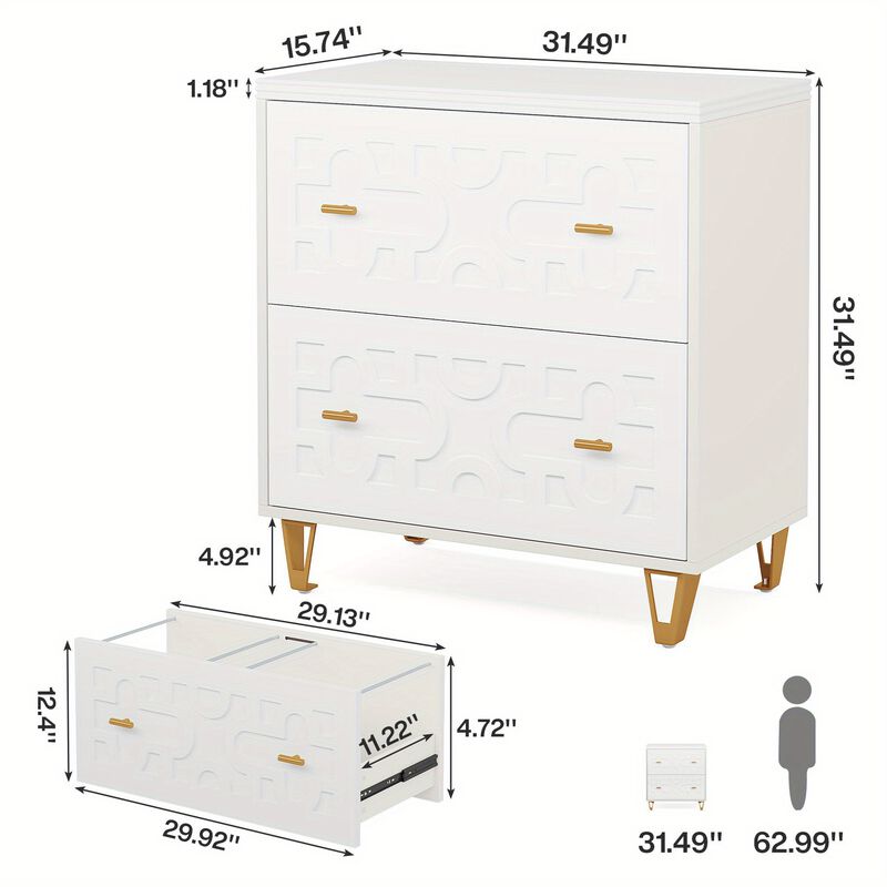 Lateral File Cabinet with 2 Drawers, Modern White Filing Cabinet for Legal/Letter/A4 Size, Large Storage Filing Cabinet Printer Stand for Home Office