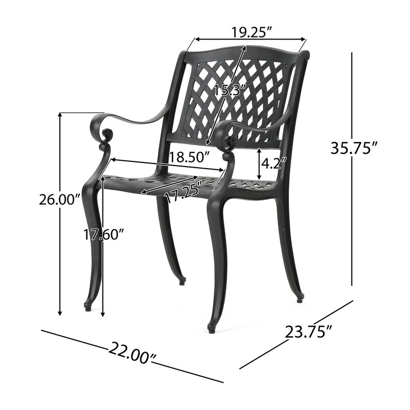 Cay Outdoor Dining Chair Set of 2, Mesh Style Back, Black Cast Aluminium