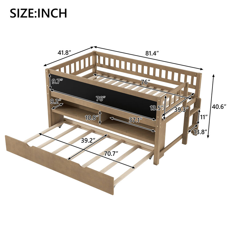 Merax Low Loft Bed with Storage Shelves and Trundl