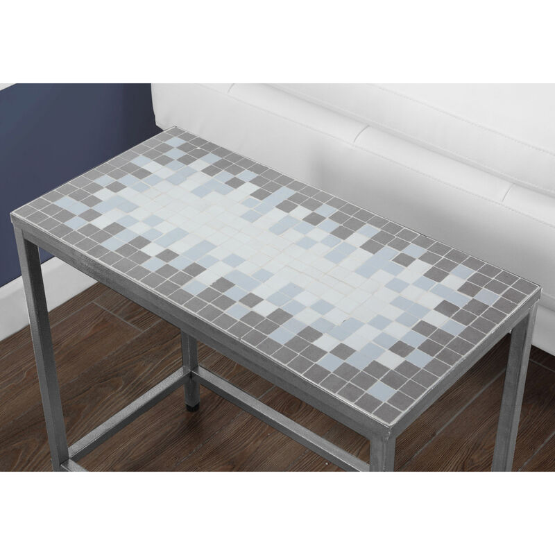 Monarch Specialties I 3143 Accent Table, Side, End, Nightstand, Lamp, Living Room, Bedroom, Metal, Tile, Blue, Grey, Transitional