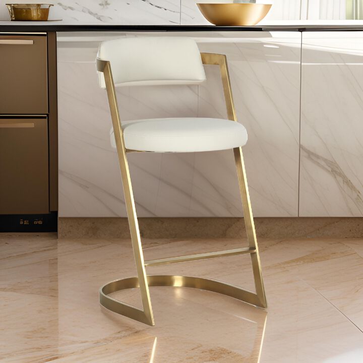Cid Sandra Counter Height Stool Chair, Beige Pleather, Gold Steel Frame - Benzara