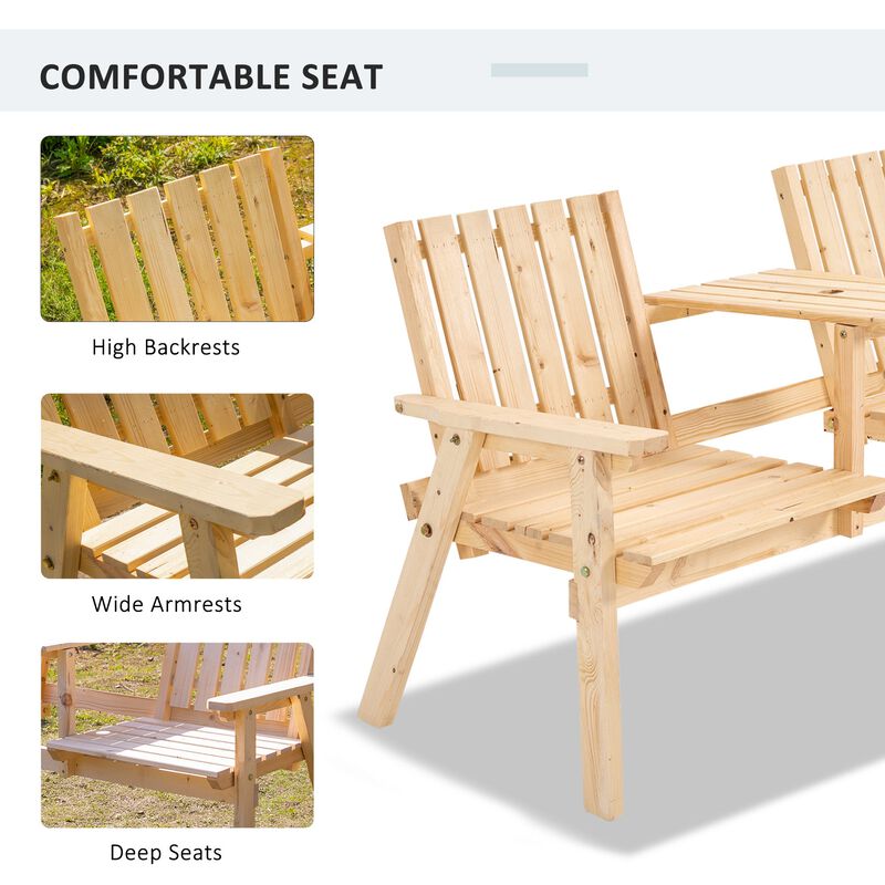 Natural Wood Outdoor Duo: Garden Loveseat with Umbrella Hole Table