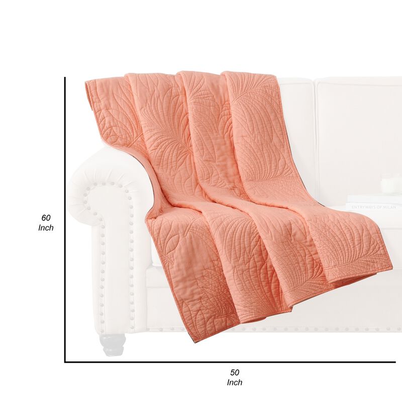 Xumi 50 x 60 Inch Quilted Throw Blanket, Frond Quilting, Coral Pink Cotton - Benzara