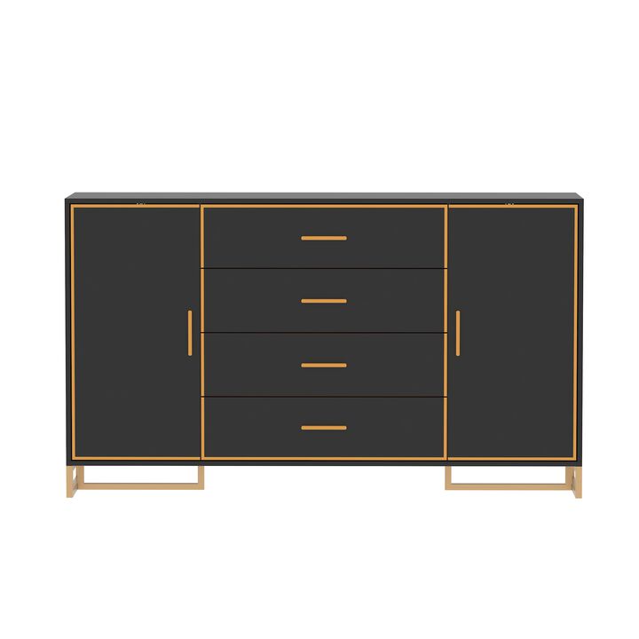 FUFU&GAGA Modern 4-Drawer Storage Cabinet with Gold Accents, Adjustable Shelves, Black Finish (63" W x 36.6" H x 15.7" D),Black