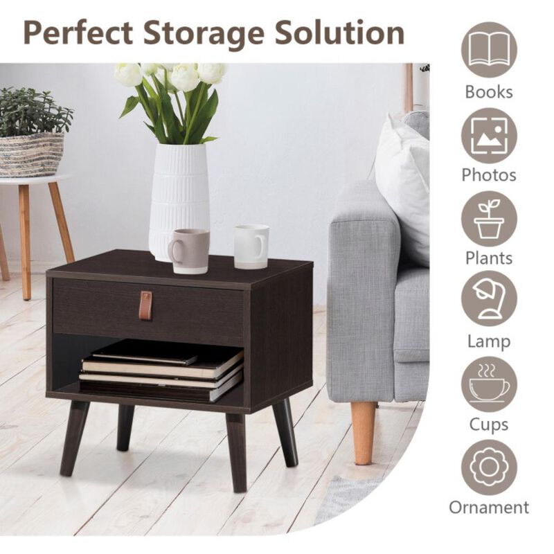 Hivvago Nightstand Bedroom Table with Drawer Storage Shelf-Brown