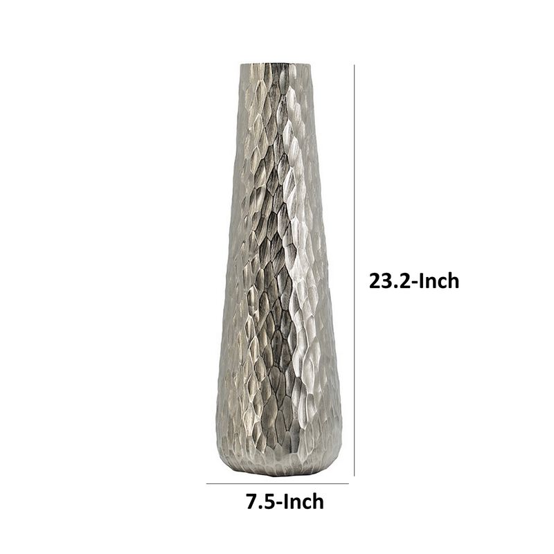 23 Inch Tall Oblong Vase, Diamond Textured, Tapered, Aluminum, Silver - Benzara