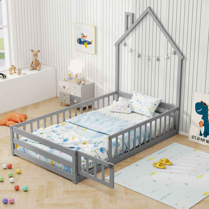Montessori Floor Bed with Lockable Door and Full-Length Guardrail