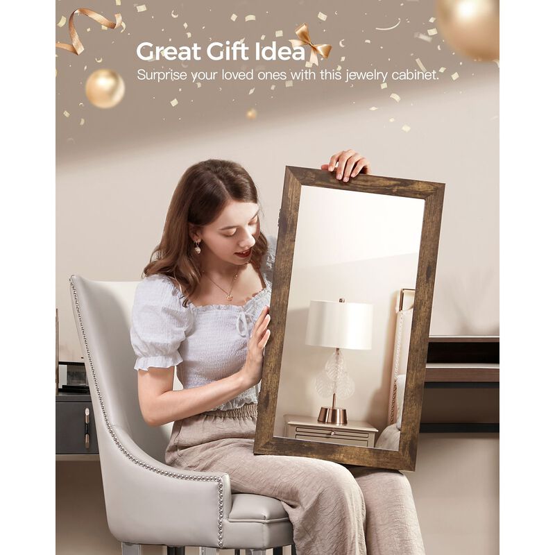 Space-Saving Wall-Mounted Jewelry Cabinet with Mirror and Lock - Rustic Brown Finish