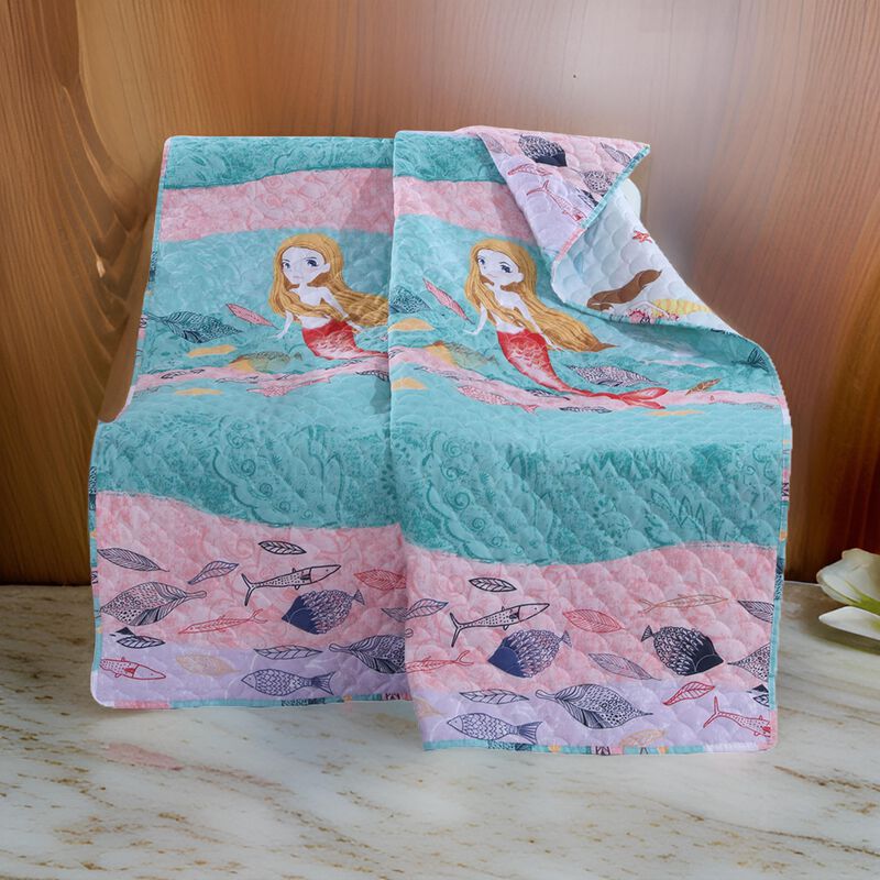 Wini 50 x 60 Inch Quilted Throw Blanket with Fill, Mermaid, Blue, Pink - Benzara
