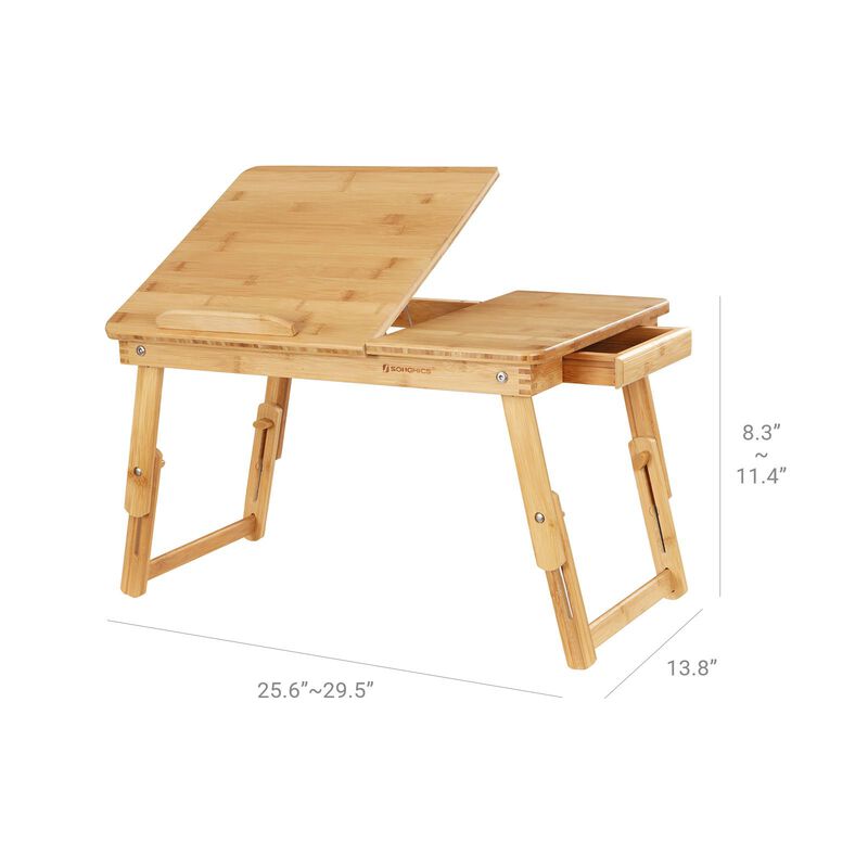 Multi-Function Lap Desk Table with Adjustable Tilting Top and Storage Drawer - Foldable Bamboo Wood Bed Tray