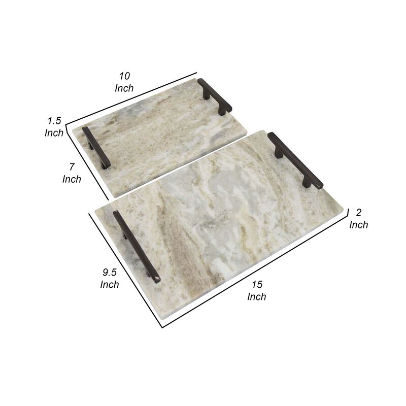 Entro Tray Set of 2, Rectangular Shape, 2 Gold Handles, White Finish Marble - Benzara