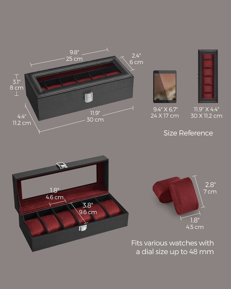 6-Slot Watch Box Men's Case with Glass Top, Lockable Display Organizer